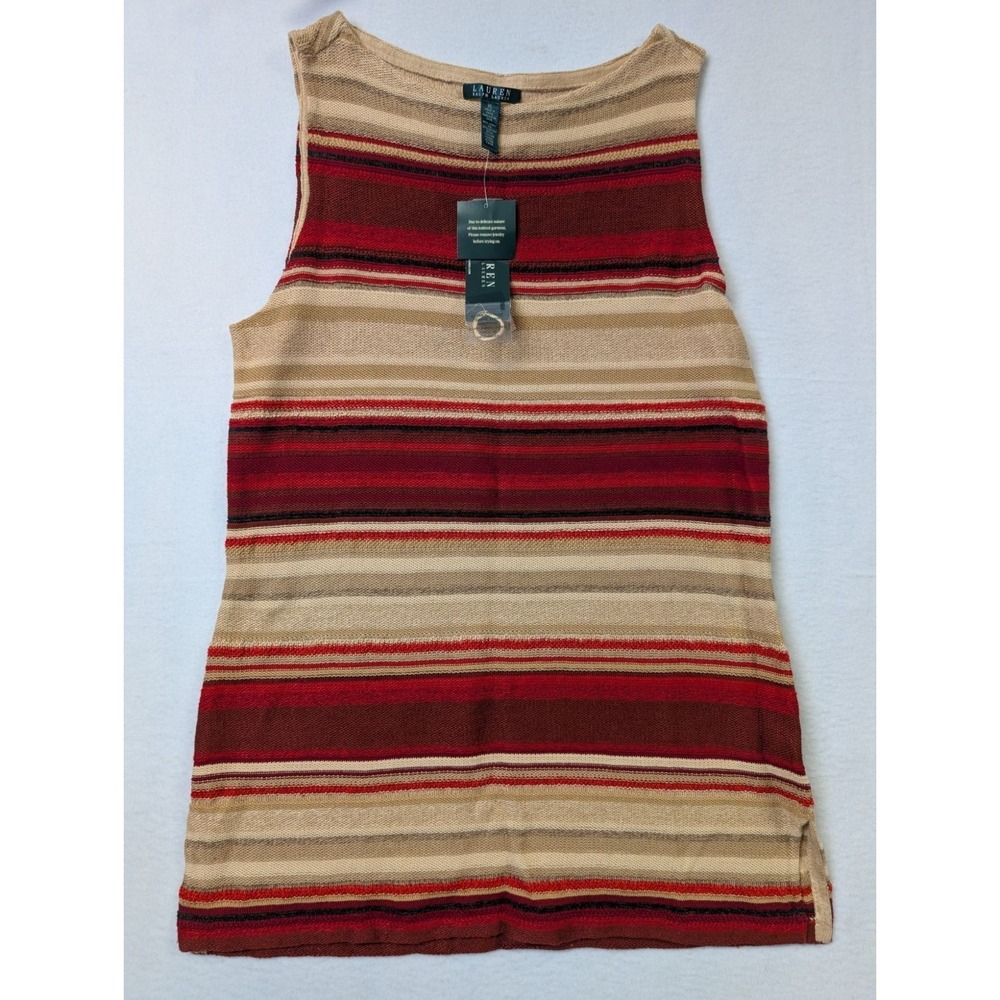 Lauren Ralph Lauren Knit Top XL Sleeveless Striped Cotton Linen Beige Red